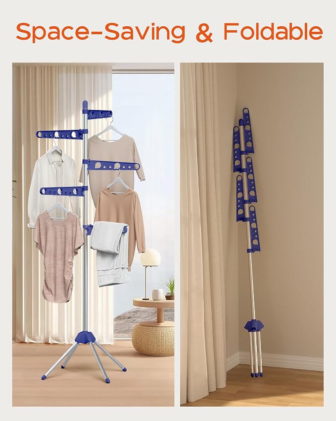 CASAMAYA Clothes Drying Rack Foldable, 70.9 inch Tripod Drying Rack for 35 Pieces of Clothes, with Height-Adjustable Rotatable Clothes Rails, Space Saving, Stainless Steel, Blue and Silver CDR005Q01