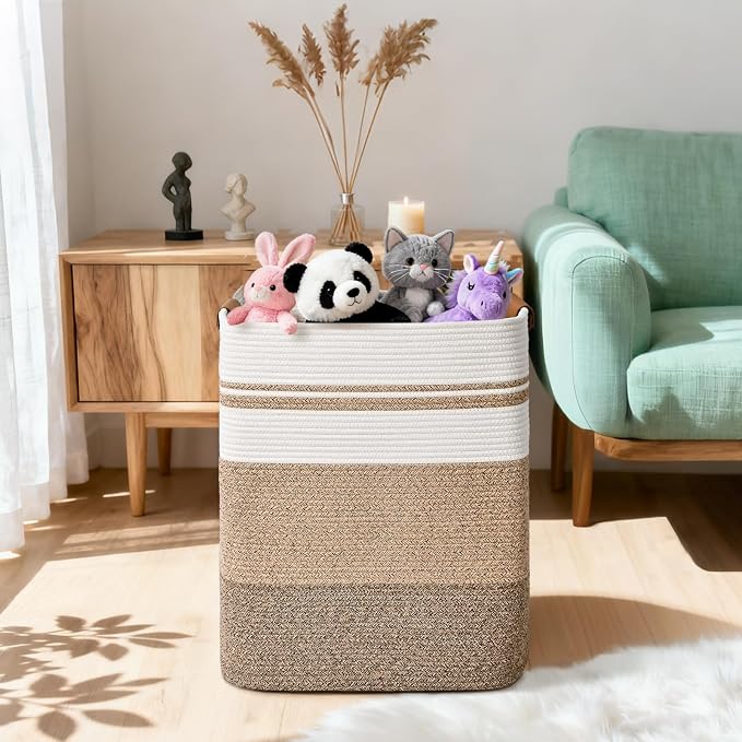 Laundry Hamper, 85L Tall Laundry Basket with Leather Handles, Rectangle Large Clothes Hamper for Organizing, Cotton Woven Laundry Baskets Storage Hampers for Bedroom, Nursery, Living Room