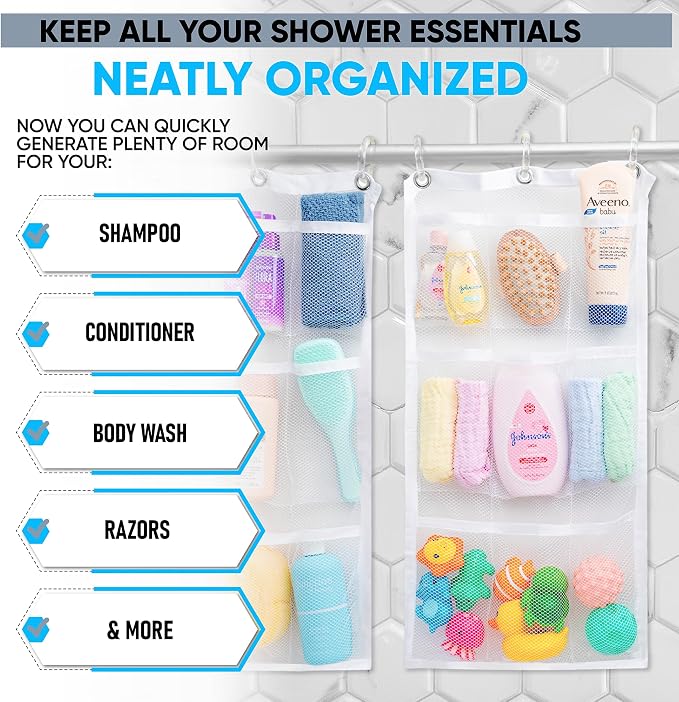 Handy Laundry Shower Curtain Bathroom Organizer -9 Pockets- Perfect for Organizing Home Bath, Your Toiletries and kid's Toys in Nine Durable Deep Mesh Pockets. Hang on Existing Shower Curtain Rings.