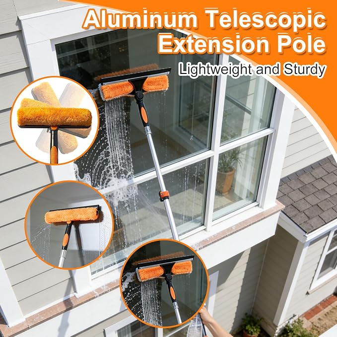 26FT Window Cleaning Kit, 2-in-1 Squeegee with 5-20FT Telescoping Pole & Flip-Lock & Screw Dual Locking, Professional Long Handle Washing Tool for High Windows