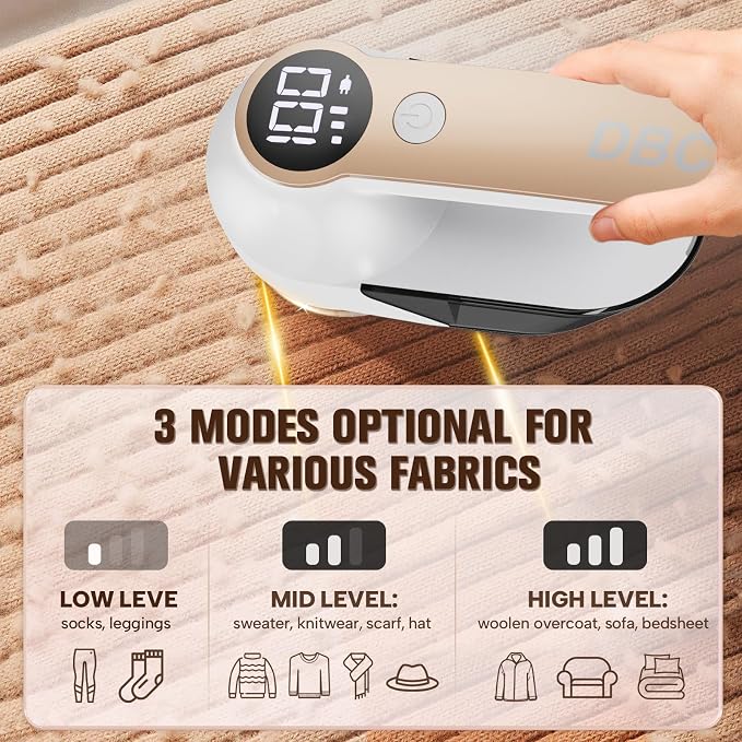 DBC Fabric Shaver with Seperate Lint Box, LED Display, 15000r/Min Powerful Motor, 6-Leaf Blades, 3-Speeds Electric Lint Remover for Sweater, Clothes, Couch, Furniture, Sofa - Gold & White | for Sweater, Clothes, Couch, Furniture, Sofa | LED Display, 15...