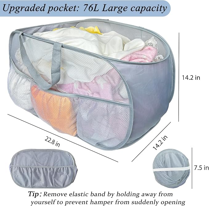 Pop Up Laundry Hamper 2 Pack with Handles & Side Pockets | 76L Foldable Collapsible Mesh Dirty Clothes Bin for Bedroom Dorm RV Camp, Lightweight Breathable, Grey