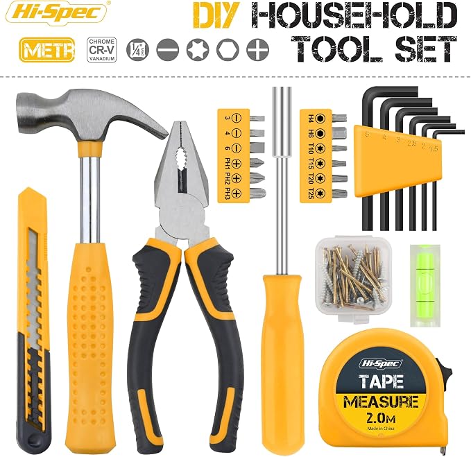 Hi-Spec Small Tool Kit Compact Set for Home and Office DIY, Yellow | 25pc, Mini Tool Box, Basic Household Repairs, Starter Toolkit, Compact Case, Everyday Fixes, Apartment and office tool set