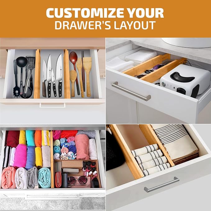 4 Pack Bamboo Drawer Dividers - Adjustable 16 to 22 Inch Expandable Drawer Organizer, Spring Loaded 2.6 Inch High Kitchen Drawer Dividers and Dresser Separator for Clothes, Bedroom, Bathroom, Office