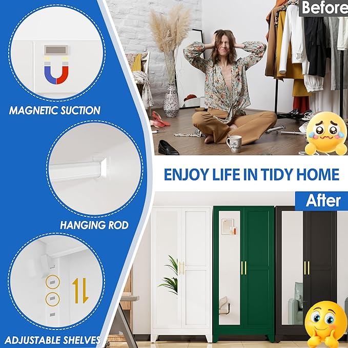 GAIOUS Metal Wardrobe Cabinet with Mirror and Hanging Rod, 71" White | Clothing Storage Cabinets with 2 Doors and Adjustable Shelves, Armoire Wardrobe Closet for Bedroom, Laundry Room, Cloak Room