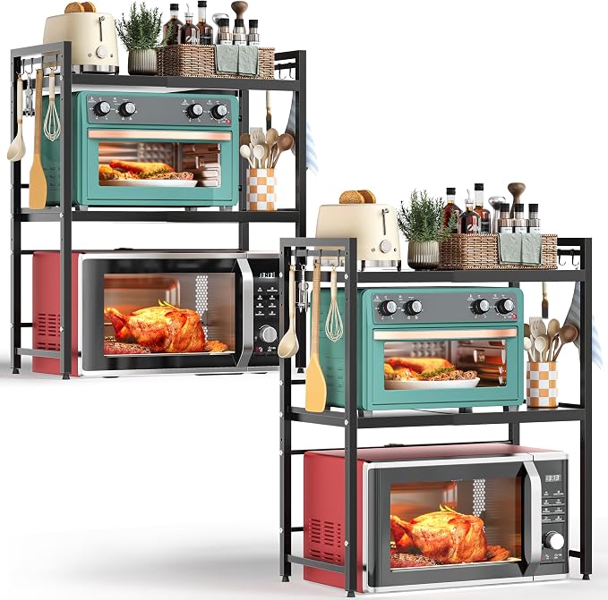 NETEL 3 Tier Expandable Microwave Stand countertop,Microwave Oven Rack,2Pcs | microwave shelf, storage shelves for pans &appliances,Adjustable partition height，55 Lbs load Per Tier,Black