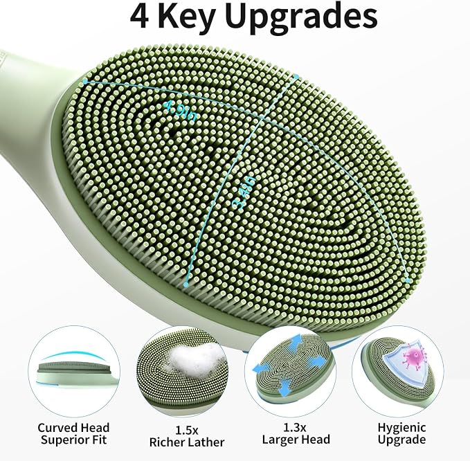 Extendable Silicone Back Scrubber-17-32,Dense Bristles-4X Power | 2-Hand Grip for 4X power. Food-grade silicone, BPA-free. 30D curved dense bristles for rich lather & exfoliation. Quick-dry.