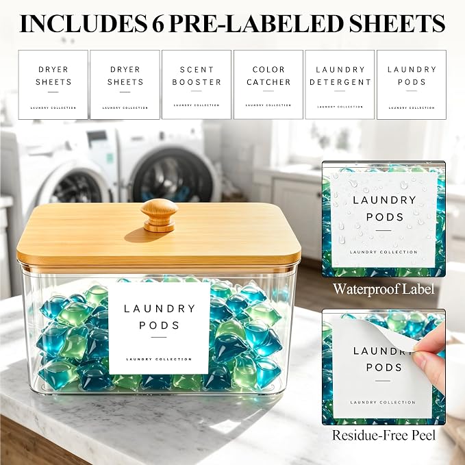 Dryer Sheet Holder with 6 Labels, for Laundry Room Organization and Storage | Clear Dryer Sheet Container with Lid, Dryer Sheet Dispenser, Laundry Pods Storage for Laundry Room Decor（Bamboo)