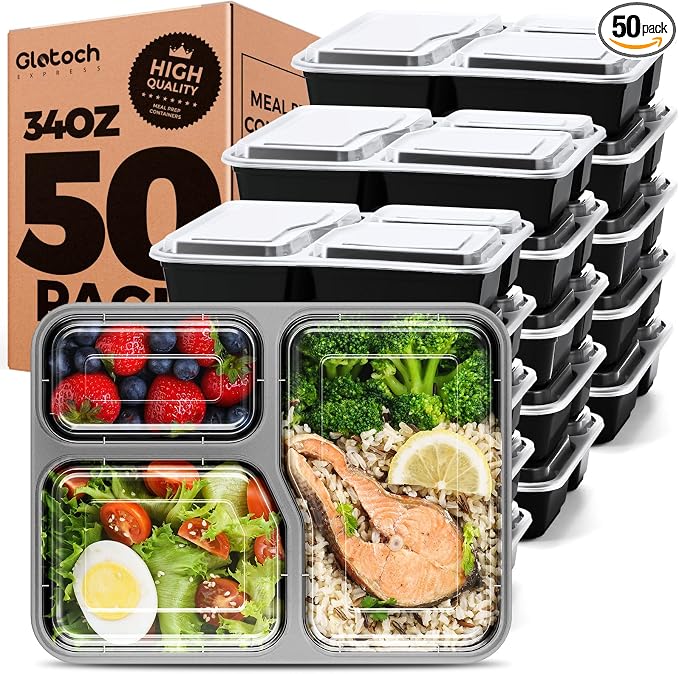 Glotoch 50 Pack (100-Piece) 34oz Meal Prep Containers Reusable with Lids 3-Compartment Containers Microwave, Freezer, Dishwasher Safe - Leakproof Durable To Go Take Out Plastic Food Storage