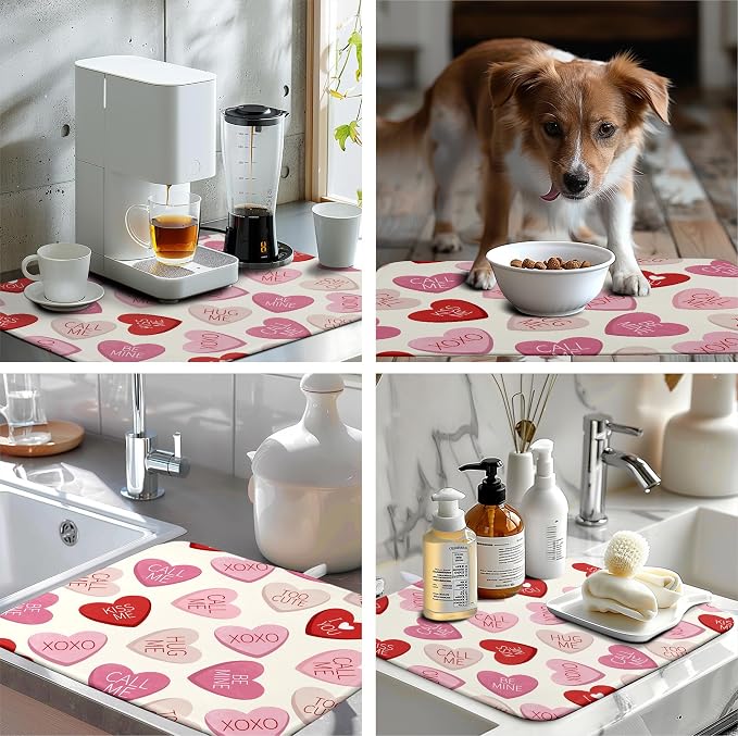 Valentine Love Heart Dish Drying Mat for Kitchen Counter 18x24 Inch Valentines Day Dish Mats Absorbent Microfiber Dish Draining Mat Reversible Dish Drying Rack Mat with Hanging Loop