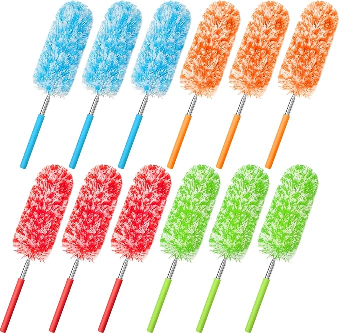 Tanlade 12 Pcs Microfiber Feather Duster for Cleaning, Extendable 13-31 Inch Ceiling Fan Duster with Bendable Head, Washable Tools for Ceiling Fans, Furniture, Car, Cobwebs (Bright Color)