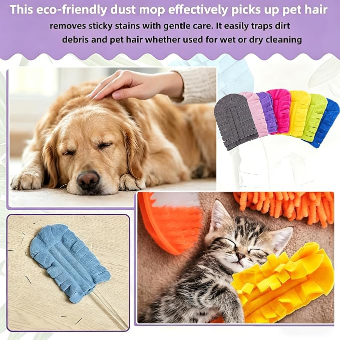 7-Pack Reusable Duster Refills, Washable Microfiber Chenille Duster Pads, Compatible with Swiffer Dusters, for Cleaning Homes, Blinds, Cars, Pet Areas, Furniture, and Fans (Handle Included)