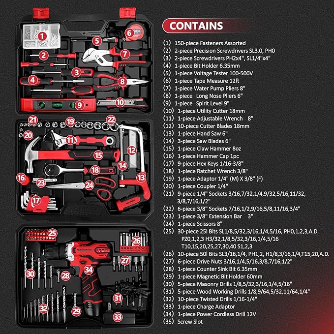 KingTool 276-Piece Tool Set Kit - Tool kit with 12V Cordless Power Drill Driver Toolbox Storage Case with Drawer, Drill Set Perfect for Homeowner, Diyer, Handyman