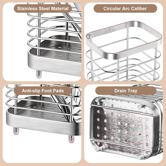Utensil Holder, Stainless Steel Utensil Drying Rack for Kitchen Counter, Silverware Cutlery Flatware Holder Forks, Knives, Spoons, Chopsticks Organizer (Silver)
