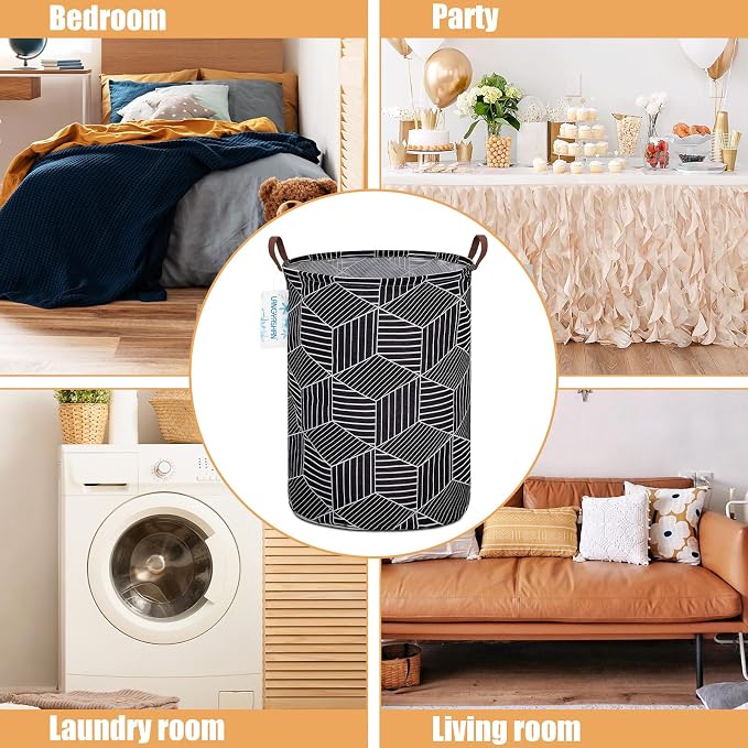 Round Laundry Basket Collapsible Storage Hamper Organizer Black diamond | Waterproof Canvas Foldable Baskets with sturdy Handles Multi-scene Organizer for Home Play Bedroom Gift Bin