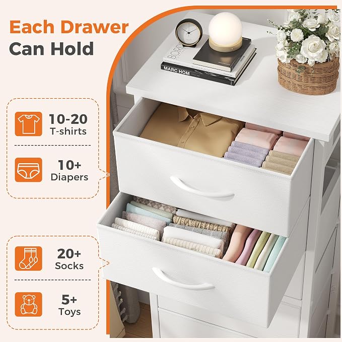 Sweetcrispy Tall Fabric Dresser for Bedroom, 6 Drawer Chest of Drawers | Narrow Storage Tower with Wood Top and Metal Frame, Vertical Nightstand for Closet, Bedroom Organization Furniture, White