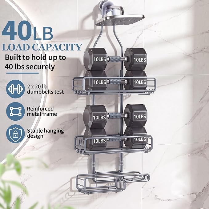 Skyapex Shower Caddy Hanging Bathroom Organizer: Over Head Adjustable Rack for Tall Showerhead - Extra Large Storage Shelf for Big Shampoo Bottles with Soap Holder (Grey)