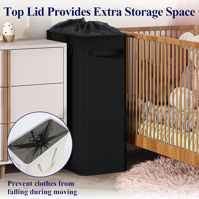 Optish 75L Slim Laundry Hamper, Large Laundry Basket With Handles, Black Narrow Laundry Basket for Dorm, Bedroom, Living Room, Collapsible Laundry Hamper
