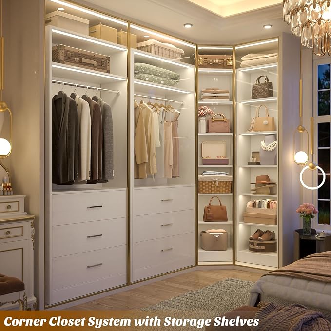 Besiost Closet System with 6 Drawers & 10 Shelves, Corner Closet Organizer System, Reversible Walk-in Closets, (L-Shaped 31.5" L * 31.5" W / I-Shaped 62.9" L * 15" W), Load 1500+LBS, White