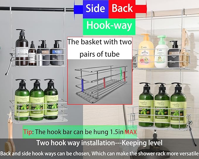 Hanging Shower Rack Shower Caddy with Rotatable Hook bar Over the Door and Can be Hung on the Faucet or Claw Foot, 304 Stainless Steel Rust Proof and Durable (Double-Layer)