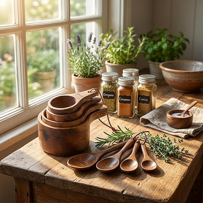 8PCS Wooden Measuring Cups and Spoons Set, Kaloo Natural Solid Acacia Wood Measuring Cups for Dry and Liquid Ingredients (Laser Engraved Measurements)