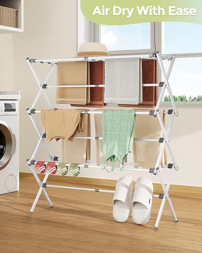 APEXCHASER 3-Tier Foldable Clothes Drying Rack, 37.6" H, White | Rust-resistant Metal, Tool-free Assembly, Extendable Drying Hanger, Fold Flat to Easy Storage, 11.8" D x 35" W, Holds 24lbs