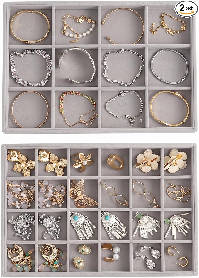 Frebeauty Jewelry Trays for Drawer,Set of 2 Jewelry Organizer and Storage | Velvet Material,Stackable,Adjustable Dividers,Drawer Inserts for Rings Studs Bracelet,Earring Organizer for Women Girls