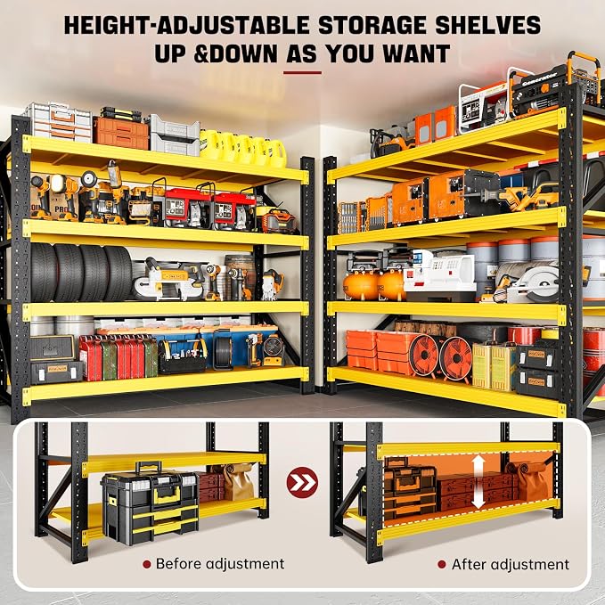 RAVIGIN 3000LBS Storage Shelves, 48" W Garage Shelving Heavy Duty Metal Adjustable Garage Shelves, Shelving Units Industrial Shelving for Warehouse, 48" W x 23.7" D x 70" H,Yellow