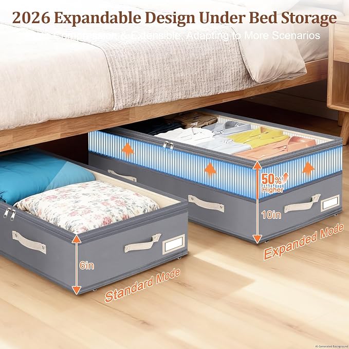 Dolicer 2 Pack Under Bed Storage with Wheels, 6in-10in Height Adjustable Underbed Storage Containers, 92L XXXL Under Bed Drawers Rolling Bin with Clear Lids for Shoes Clothes Organizers(Gray Stripes)