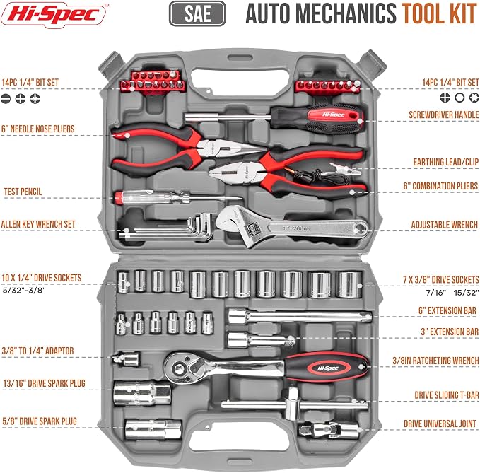 Hi-Spec SAE Auto Mechanics Hand Tool Kit Car Motorcycle Ratchet Wrench | 67pc, socket and wrench coverage, roadside fixes, organized box, garage maintenance help, bike and vehicle tasks, quick setup
