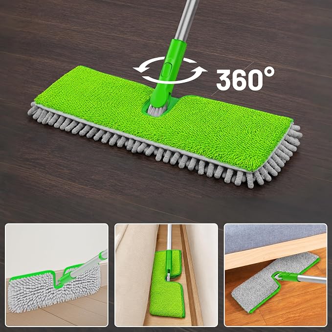2-Sided Microfiber Dust Mop for Hardwood Floors & Walls | Flat Flip Head, Wet Dry Use, 3 Chenille & Microfiber Pads, 58" Handle, 360° Swivel, Sweep Pet Hair, Tile, Laminate, Kitchen
