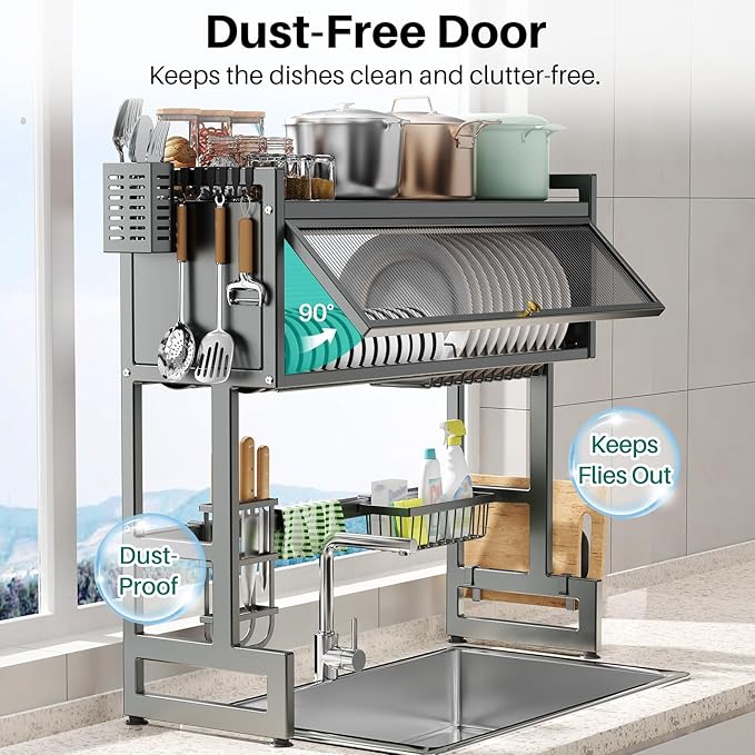 Over the Sink Dish Drying Rack 3 Tier with Dustproof Flip-Up Cover | Large Dish Drainer Storage Counter Organizer,Space-Saving Dish Rack for Dishes and Cutlery,Fits Sinks up to 32 Inches(Gray)