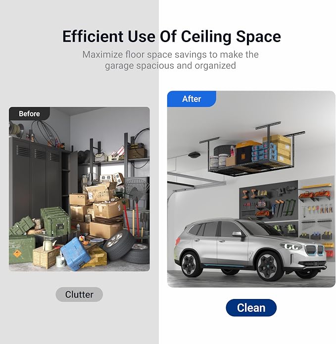 FLEXIMOUNTS 3x6 Overhead Garage Storage Adjustable Ceiling Rack 72" Length x 36" Width x 40" Height, 450lbs Weight Capacity, Hammertone, Classic Series