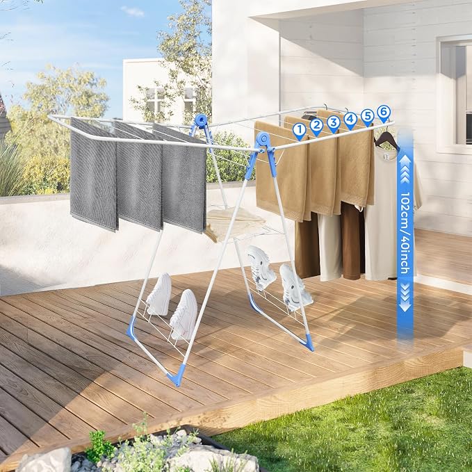 Foldable Gullwing Clothes Drying Rack Free Standing Indoor Outdoor Airer | Height Adjustable Wings Large Laundry Airer with Shoe Rack for Balcony Laundry Room
