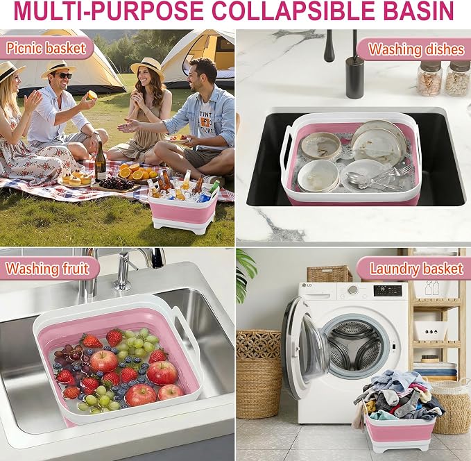 Collapsible Wash Basin for Baby Bottles with Drying Rack – 2.4 Gallon Foldable Dish Tub with Handles, Portable RV Camping Sink & Space-Saving Wash Bin with Lid for Kitchen, Travel & Outdoor, Pink
