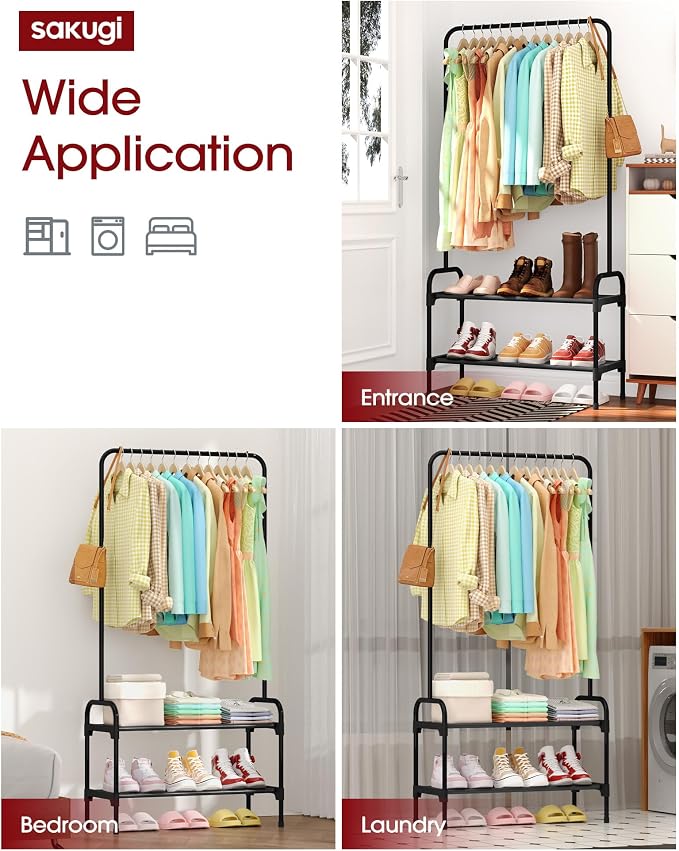 Sakugi Clothes Rack - 29.3" × 12.5" × 59.6" Clothing Rack and Shoe Rack with Anti-Slip Stopper, Large Capacity Rack with 2-Tier Shoe Organizer, Clothes Organizer for Bedroom, Entrance, Laundry, Black
