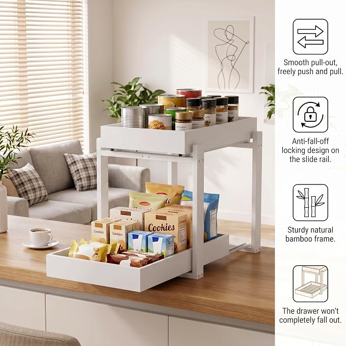 Bamboo Under Sink Organizer and Storage, 2 Pack Pull Out Cabinet Organization, 2 Tier Vertical Slide Out Undersink Storage Shelf, Multi-Purpose Organizer Shelves for Kitchen Bathroom Medicine