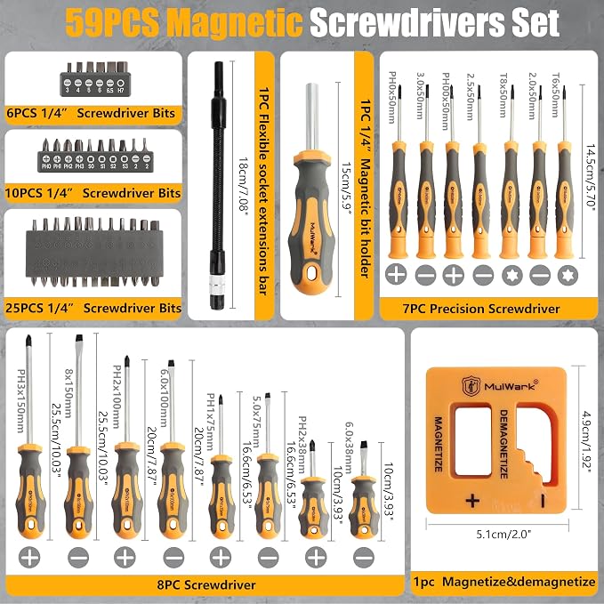 MulWark Magnetic Screwdriver Set with Case, Screw Driver Set Kit 59 Piece Includs Phillips, Hex, Pozidriv, Torx and Precision Screw Driver Set, Replaceable Screwdriver Bit Set for Men, Dad, Husband