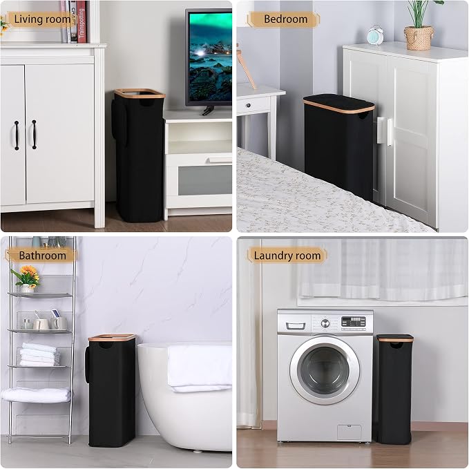 iEGrow 65L Slim Laundry Hamper, Narrow Laundry Basket with Lid，Black | Foldable Clothes Hamper with Bamboo Handles,Hamper Basket with Removable Inner Bag for Laundry Room Bedroom College Dorm