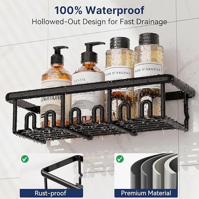 8 Pack Adhesive Rustproof Shower Caddy with Soap Dishes, Toothbrush Holder & Hooks, Large Capacity No-Drilling Shower Shelves Rack for Bathroom Organizers and Storage Accessories, Black