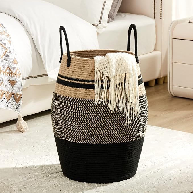 Large Laundry Hamper Basket 65L Woven Blanket Basket, Brown & Black | Tall Clothes Hamper, Rope Wicker Laundry Basket, Storage Basket for Toys, Dirty Cothes in Bedroom, Living Room Organizer