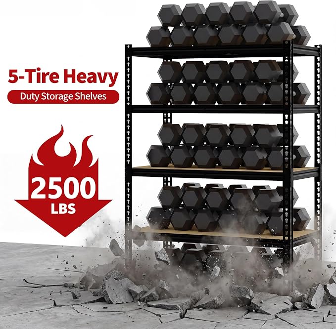 2500 Lbs Heavy Duty Garage Storage Shelves, 48" L x 24" W x 72" H | 5-Tier Adjustable Metal Shelving Unit, Storage Rack for Kitchen, Pantry, Basement, Bathroom & Laundry