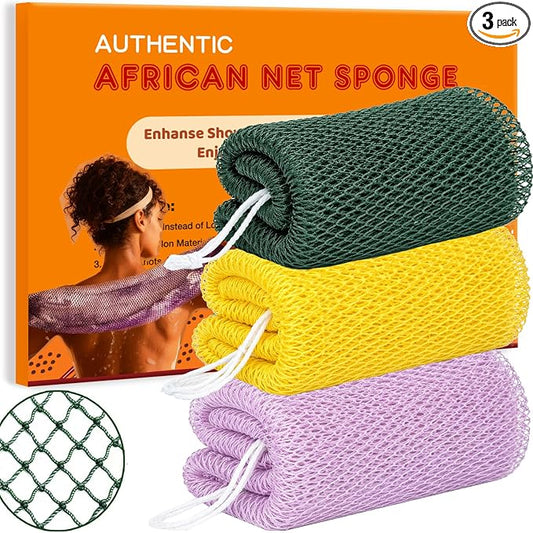 African Net Sponge Authentic Exfoliating Washcloth Body Back Scrubber 3 Pcs | 46 Inch Shower Loofah Exfoliating Bath Sponge for Women and Men Daily Use Body Care Travel Portable Accessories Spa Gifts