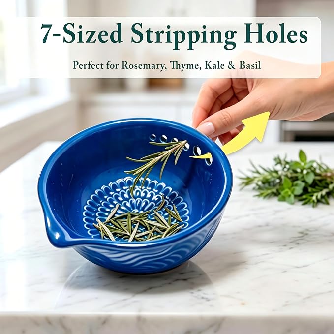 Ceramic Grater Bowl with Herb Stripper, Garlic Ginger Grinder | 3-in-1 Kitchen Tool | Upgraded Grinding Texture | 7 Herb Stripping Holes | Easy Clean | Dishwasher Safe | Blue