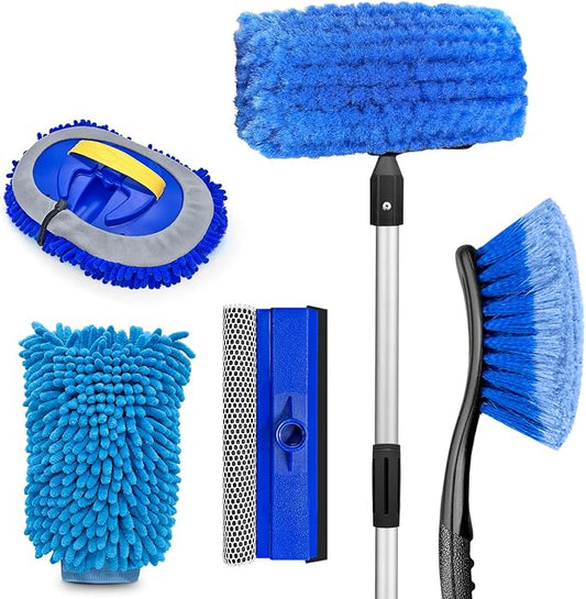 ARTIPOLY 65'' Five-Sided Car Wash Brush with Long Handle, Scratch-Free Car Cleaning Kit with Soft Wash Brush, Tire Brush, Window Squeegee, Car Wash Mitt, Microfiber Cleaning Head & Extension Pole