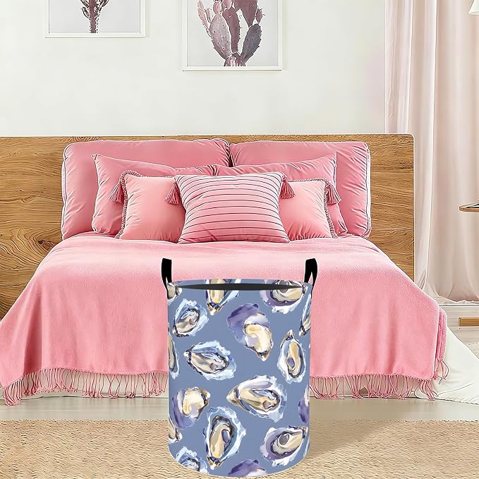 Oyster Shell Laundry Basket Hamper 19.7"x15.8", Organizer Bins Gifts for Kids Boys Girls, Coastal Sea Life Foldable Waterproof Oxford Clothes Storage Bucket for Bedroom Bathroom Decor