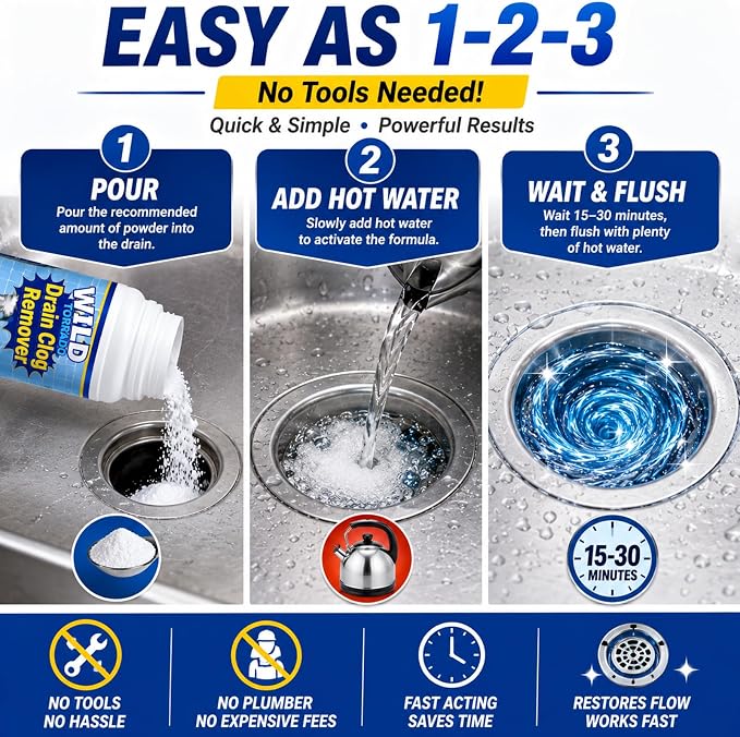 Drain Clog Remover 4 Pack, Sink Drain Cleaner Fast Foaming, Clogged Drai Remover Rapidly by Dissolve Impurities, Quick Cleaning Tool for for Pipes & Toilet, Kitchen Sinks, Bathroom Showers（480g）