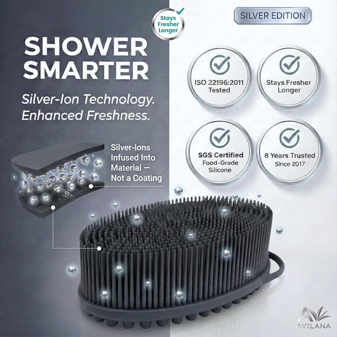 Avilana Silicone Body Scrubber for Shower – SGS Certified Food Grade Dual Sided Bath Brush, Gentle Exfoliating Silicone Loofah Alternative, Sensitive Skin Body Brush (Pink-Silver, Massage)