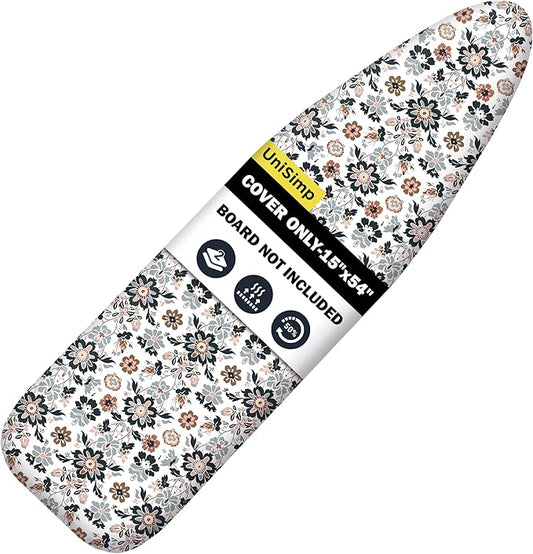UniSimp Ironing Board Cover and Pad 15"x54" Extra Thick Natural Cotton, Scorch and Stain Resistant Padding, Standard Size Iron Board Cover with Fasteners Heavy Duty Elastic Edge, Heatproof Floral