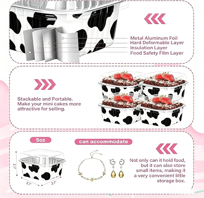 30Pack 5oz Cow Mini Cake Pans with Lids Baking Cups Aluminum Foil Pans Tins, Individual Dessert Cups Containers for Sales,Party,Picnics